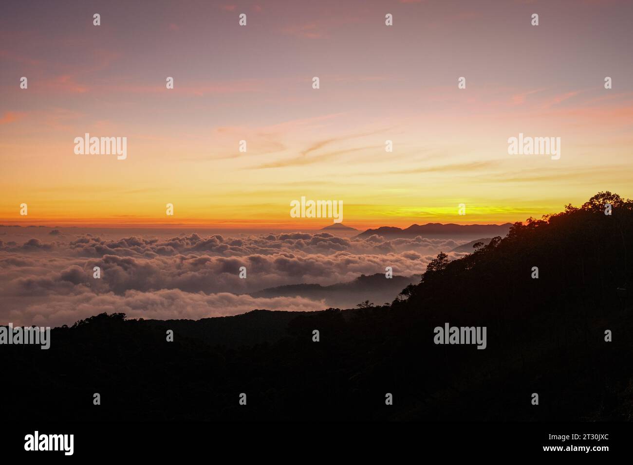 Osserva la bellezza eterea dell'alba su Kawah Putih, mentre le sfumature dorate adornano le nuvole. La tela della natura si risveglia in un'esposizione mozzafiato Foto Stock