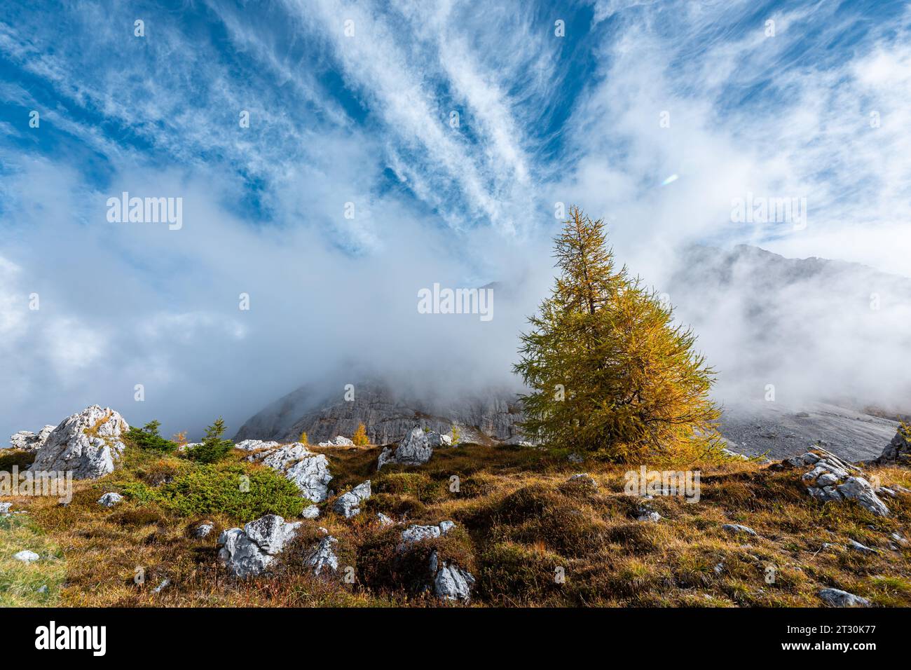 Immagine drammatica di nuvole in un paesaggio montano Foto Stock
