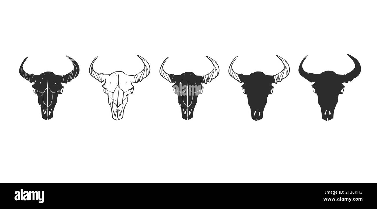 Collezione grafica astratta e vettoriale disegnata a mano, composta da toro mistico ed esoterico e cranio di mucca, isolato su sfondo bianco. Toro teschio Illustrazione Vettoriale