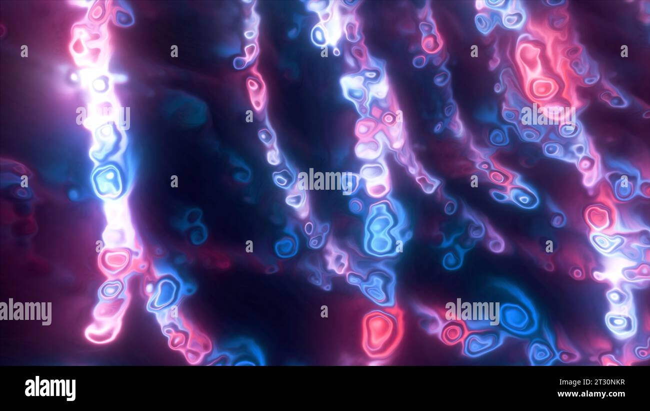 Bright gasoline spots on a purple and green background. Motion. Computer graphics with bright spots that move. Foto Stock