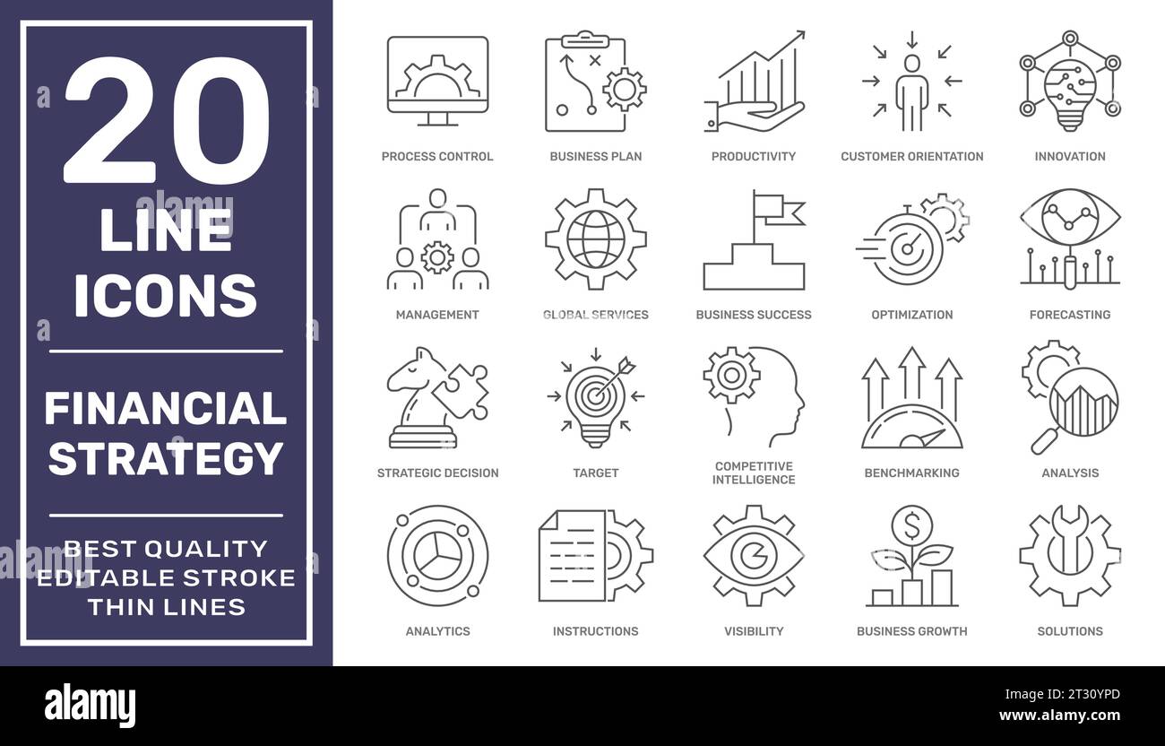 Icone relative alla strategia finanziaria. Icone di business intelligence e strategia. Set di icone Web per aziende e finanza - raccolta di icone di contorno, vettore Illustrazione Vettoriale