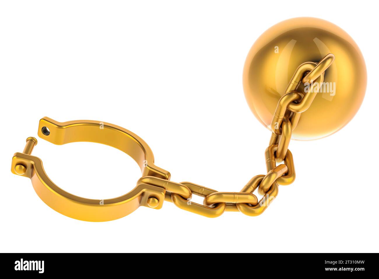 Golden Prison Shackle con catena, rendering 3D isolato su sfondo bianco Foto Stock