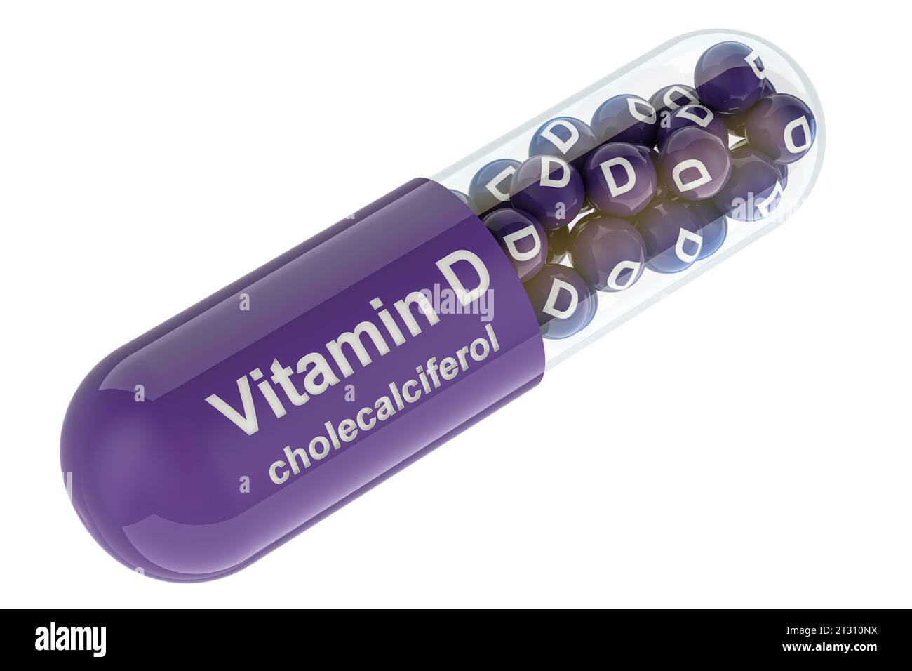 Capsula di vitamina D, colecalciferolo. Rendering 3D isolato su sfondo bianco Foto Stock