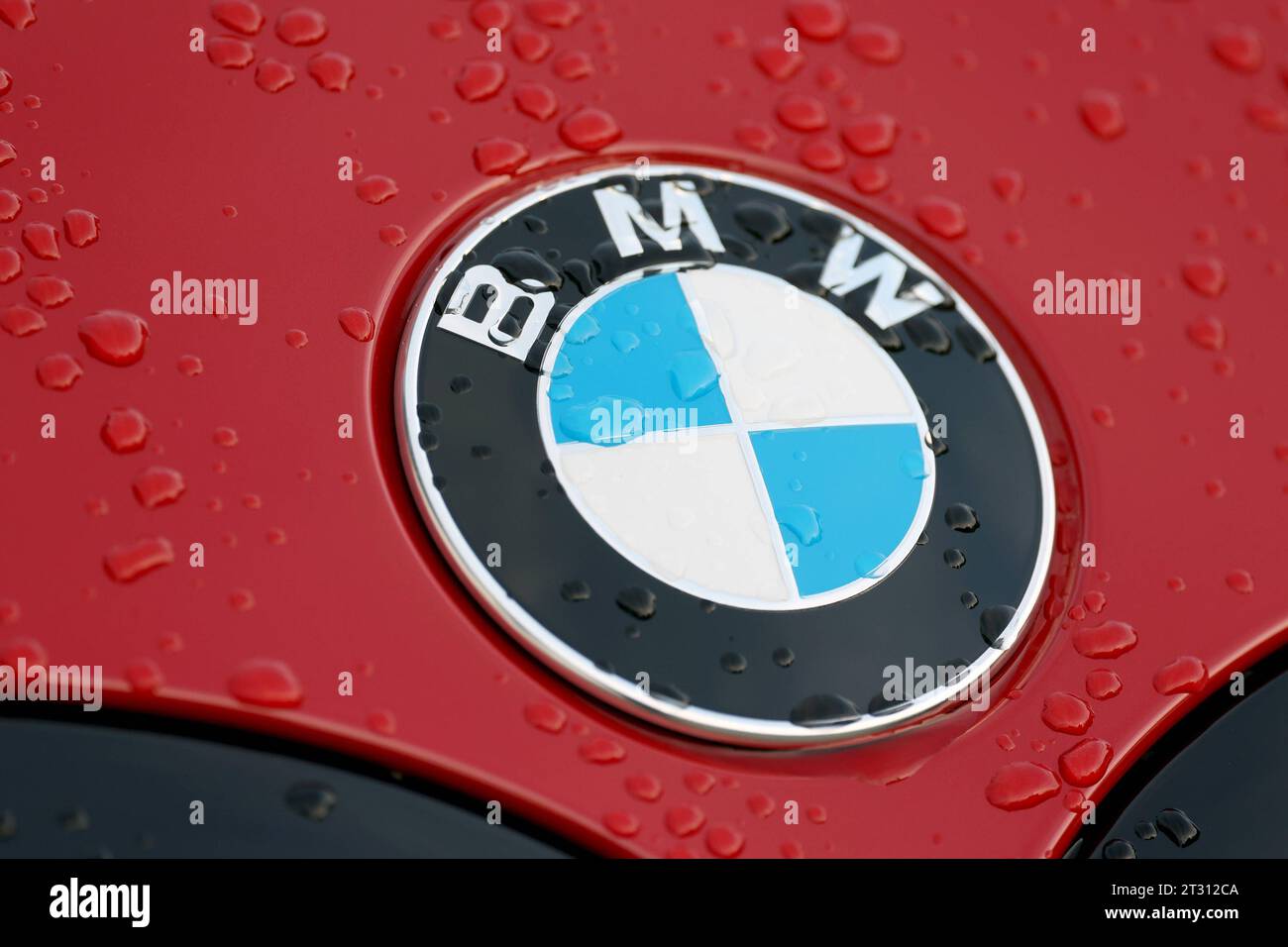 BMW Logo auf einem roten BMW Fahrzeug, Motorhaube. Auf dem lack sind Wassertropfen. BMW AM 22.10.2023 a Siegen/Deutschland. *** Logo BMW su una vettura BMW rossa, cofano sulla vernice sono gocce d'acqua BMW su 22 10 2023 a Siegen Germania credito: Imago/Alamy Live News Foto Stock