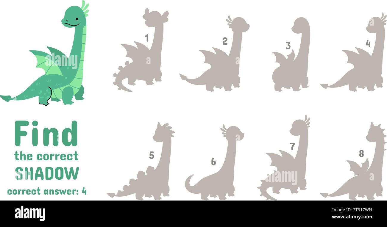 Trova l'ombra del drago corretta. I bambini giocano in un luogo con diverse ombre di draghi o dinosauri. Modello vettoriale giocattolo di carta didattico Illustrazione Vettoriale