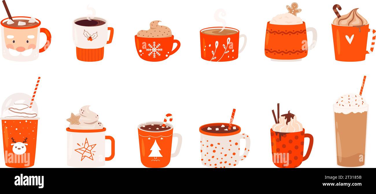 Bevande di Natale in tazze. Cacao caldo, latte caldo con marshmallow. Tazza da bibita invernale per le festività, cioccolato dolce con biscotti vettoriali Illustrazione Vettoriale