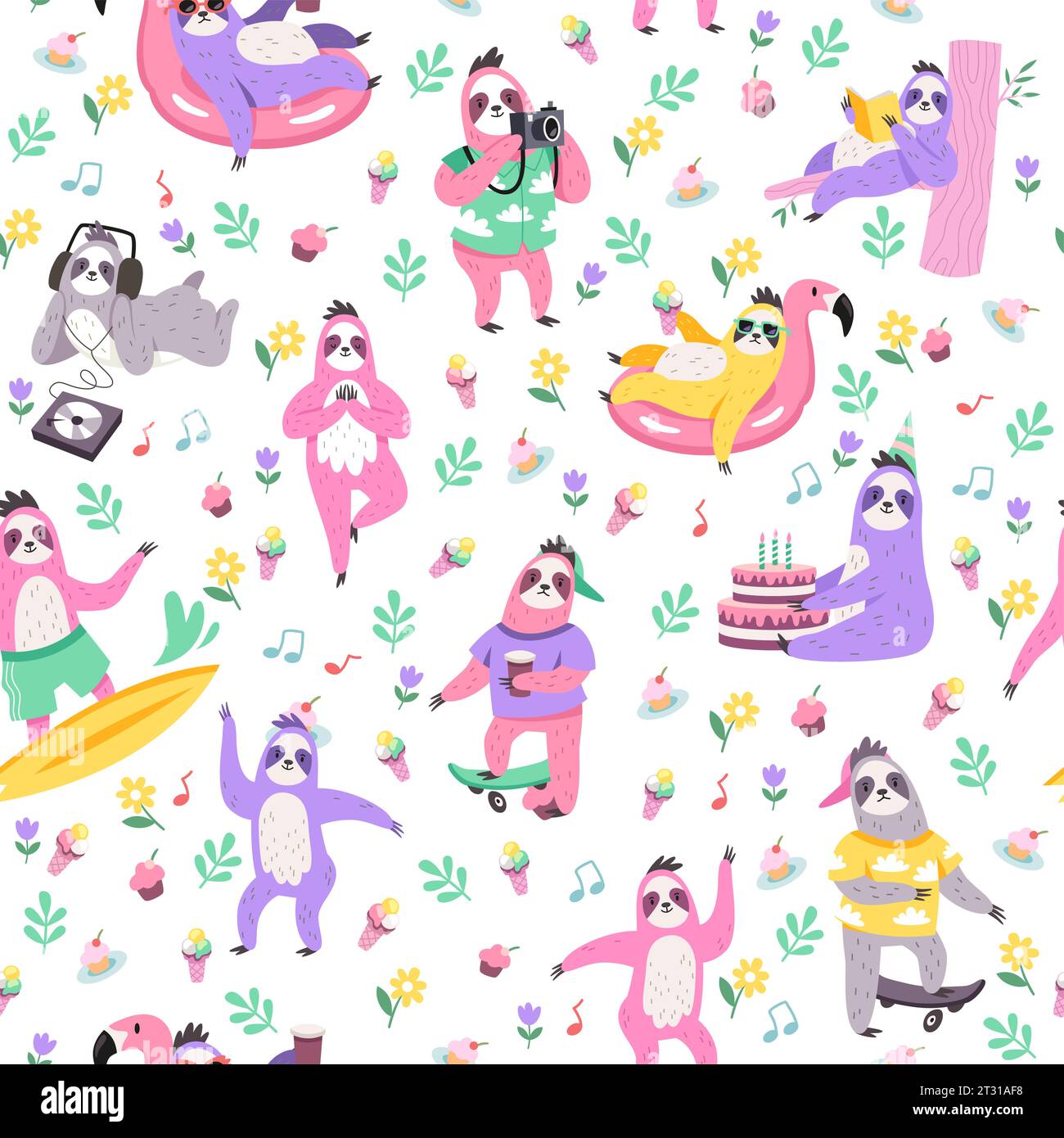 Pattern senza cuciture con bradipi. Simpatici animali pigri. Divertente bradipo. Tessuti per decorazioni infantili, carta da rivestimento, carta da parati. Stampa per tessuto. Cartone animato piatto Illustrazione Vettoriale