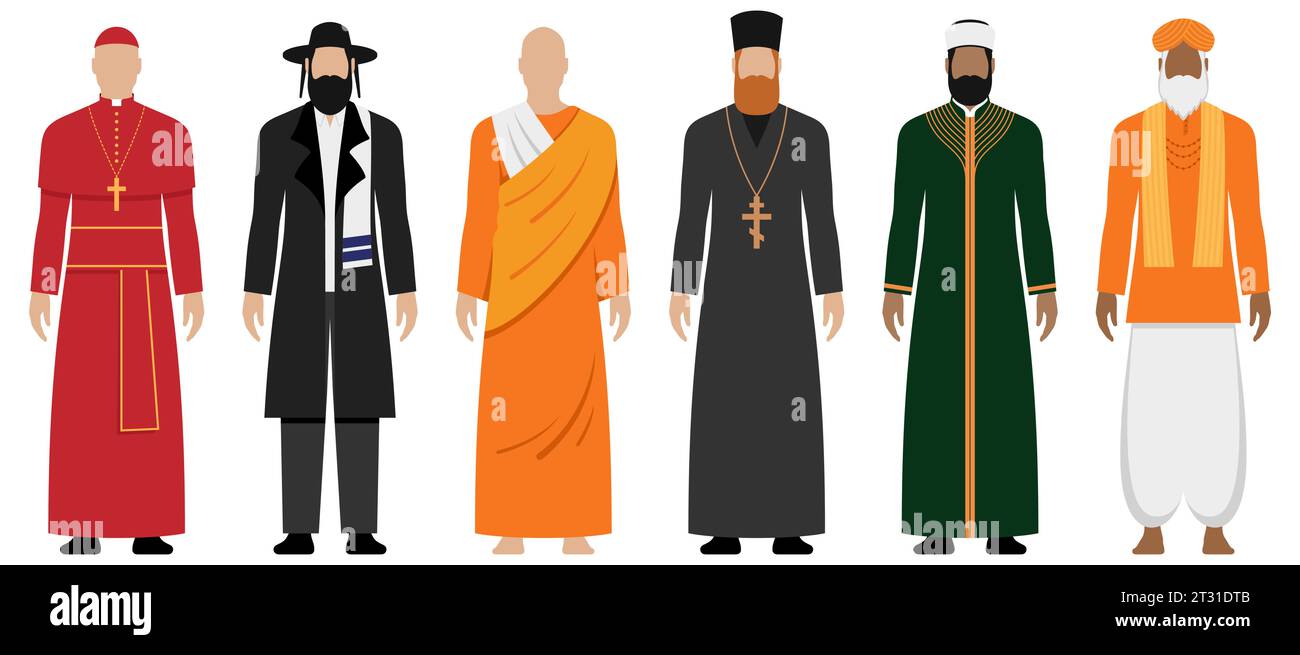 Le principali religioni leader spirituali con abiti di stile diverso, insieme di illustrazione vettoriale isolato. Illustrazione Vettoriale