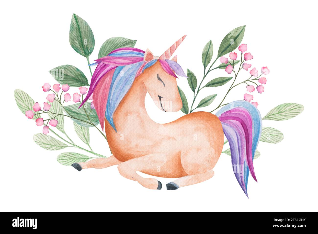 Composizione con unicorno, arcobaleno, fiori e foglie, nuvola con gocce di pioggia. Illustrazione acquerello isolata su bianco. Clipart per le carte dei bambini Foto Stock