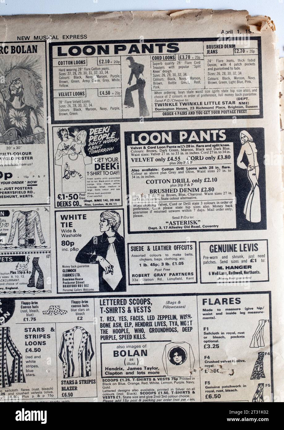 Annunci per pantaloni Loon in 1970s NME Music Paper Foto Stock