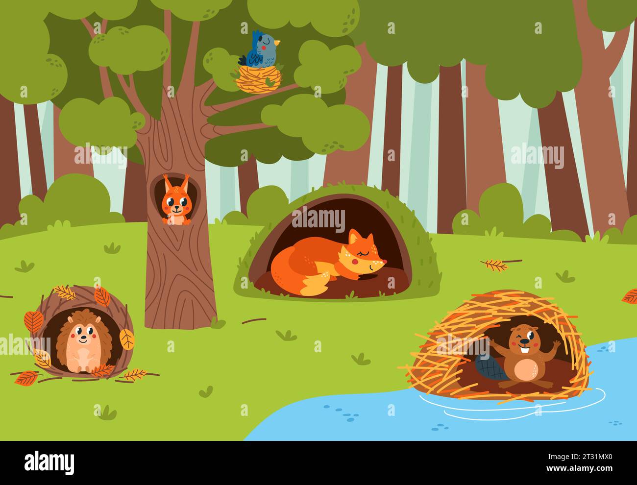 Animali boschivi nel paesaggio boschivo dei buchi. Carino cartone animato, volpe, scoiattolo e riccio. Cartoni animati castori su diga e uccelli in un nido di classe sullo sfondo vettoriale Illustrazione Vettoriale