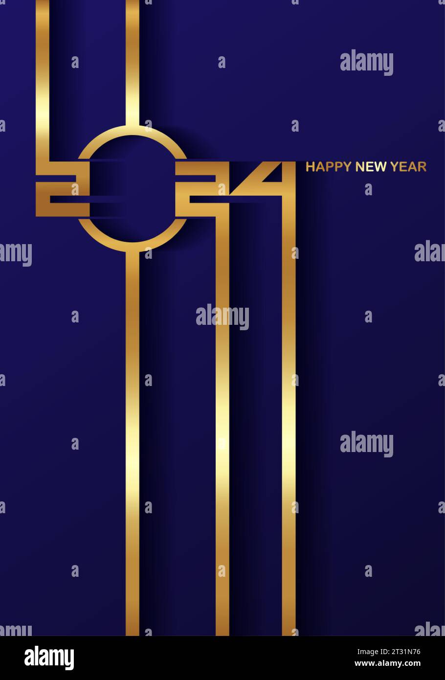 Tessera golden 2024 Happy New Year con linee di texture sfumate laminate di alta qualità, sfondo scuro. Design di lusso per festività per carta vacanza, invito, Illustrazione Vettoriale