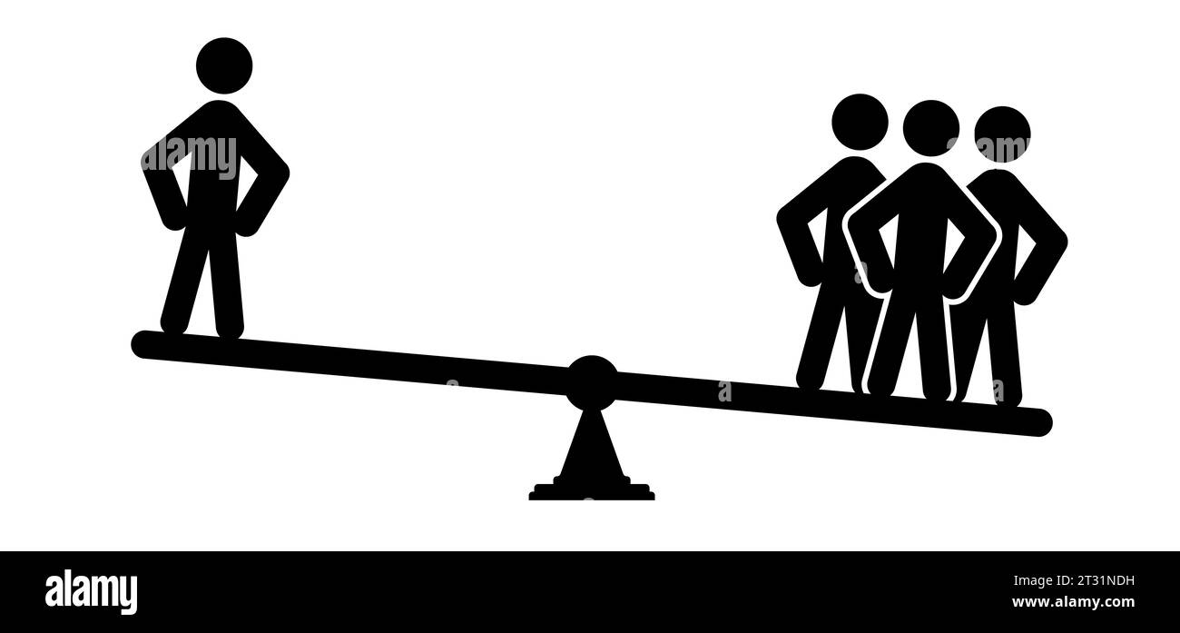 Le persone dei cartoni animati si bilanciano sull'altalena. Equilibrio di squadra, tre stickman equilibrio perfetto, equilibrio instabile. concetto di lavoro di squadra. Equilibrio aziendale. Concettuale b Foto Stock