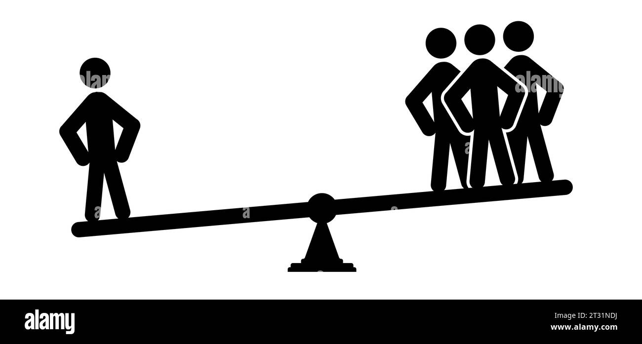 Le persone dei cartoni animati si bilanciano sull'altalena. Equilibrio di squadra, tre stickman equilibrio perfetto, equilibrio instabile. concetto di lavoro di squadra. Equilibrio aziendale. Concettuale b Foto Stock