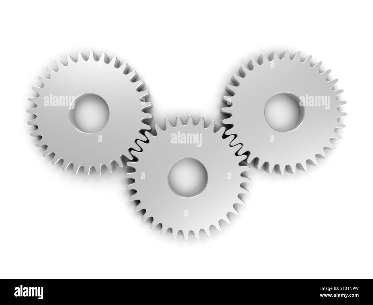Tre ingranaggi isolati su sfondo bianco. Ruota dentata. illustrazione 3d. Foto Stock