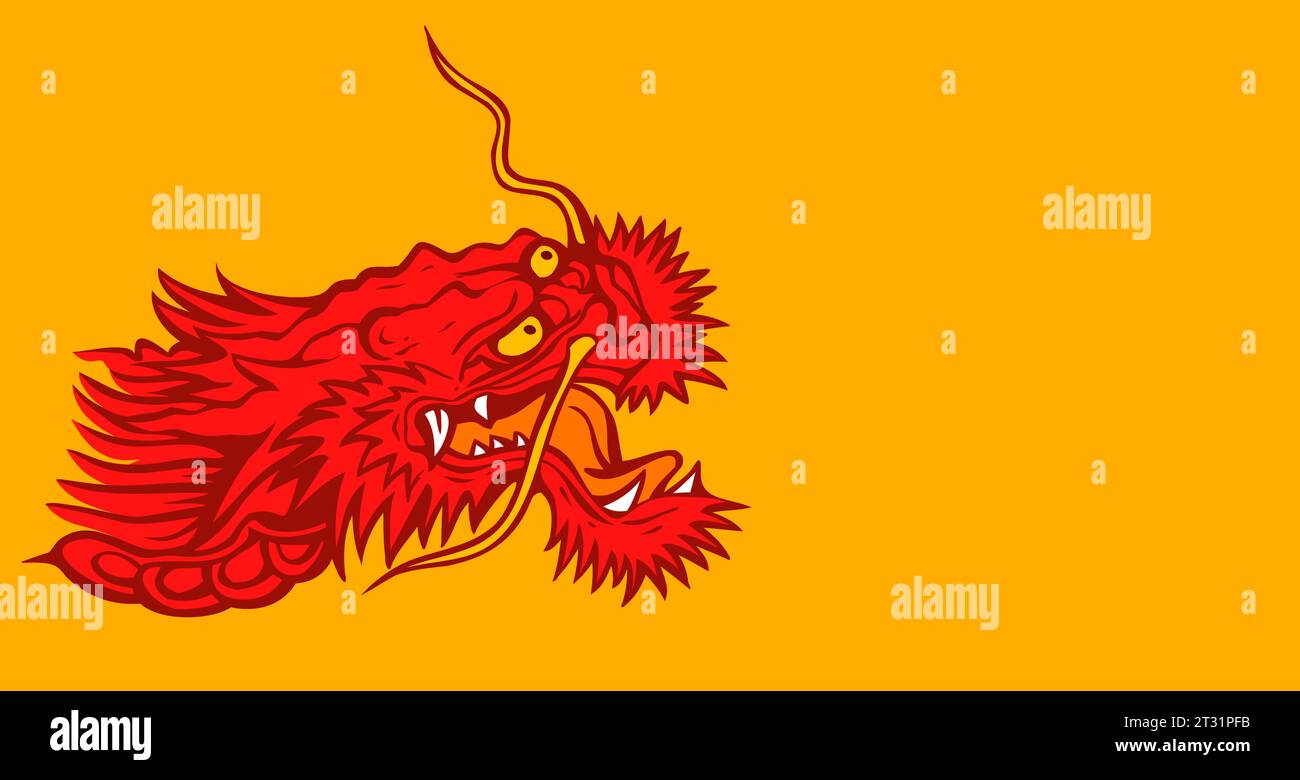 Illustrazione vettoriale di una testa di drago cinese su sfondo giallo. Sfondo asiatico vettoriale con drago testa. Illustrazione Vettoriale