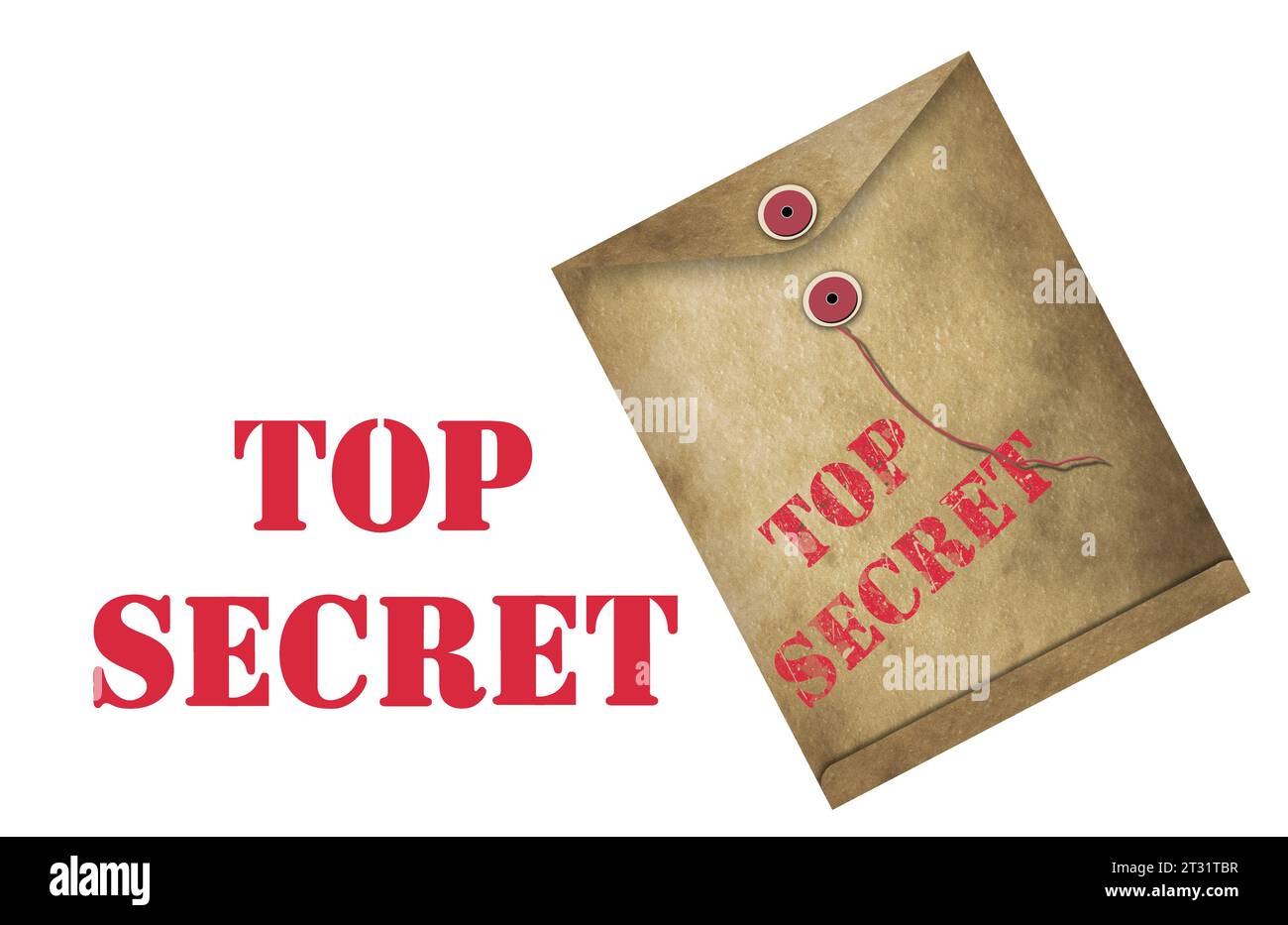 I documenti Top Secret sono nascosti in una busta sporca e grintosa e le parole top secret sono isolate in questa illustrazione 3D. Foto Stock