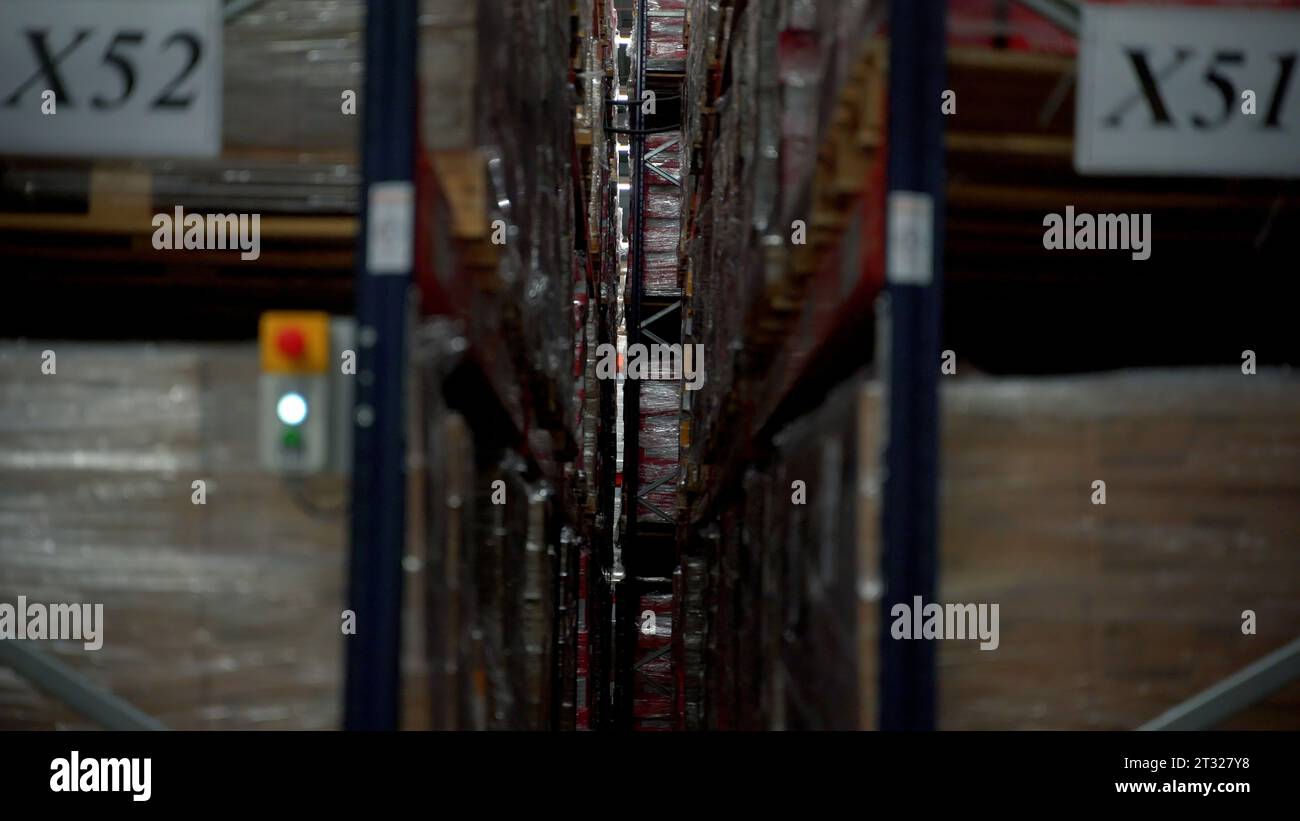 Magazzino al dettaglio pieno di scaffali con merci in scatole di cartone. Creativo. Centro di stoccaggio per la logistica e la distribuzione per l'ulteriore consegna dei prodotti Foto Stock