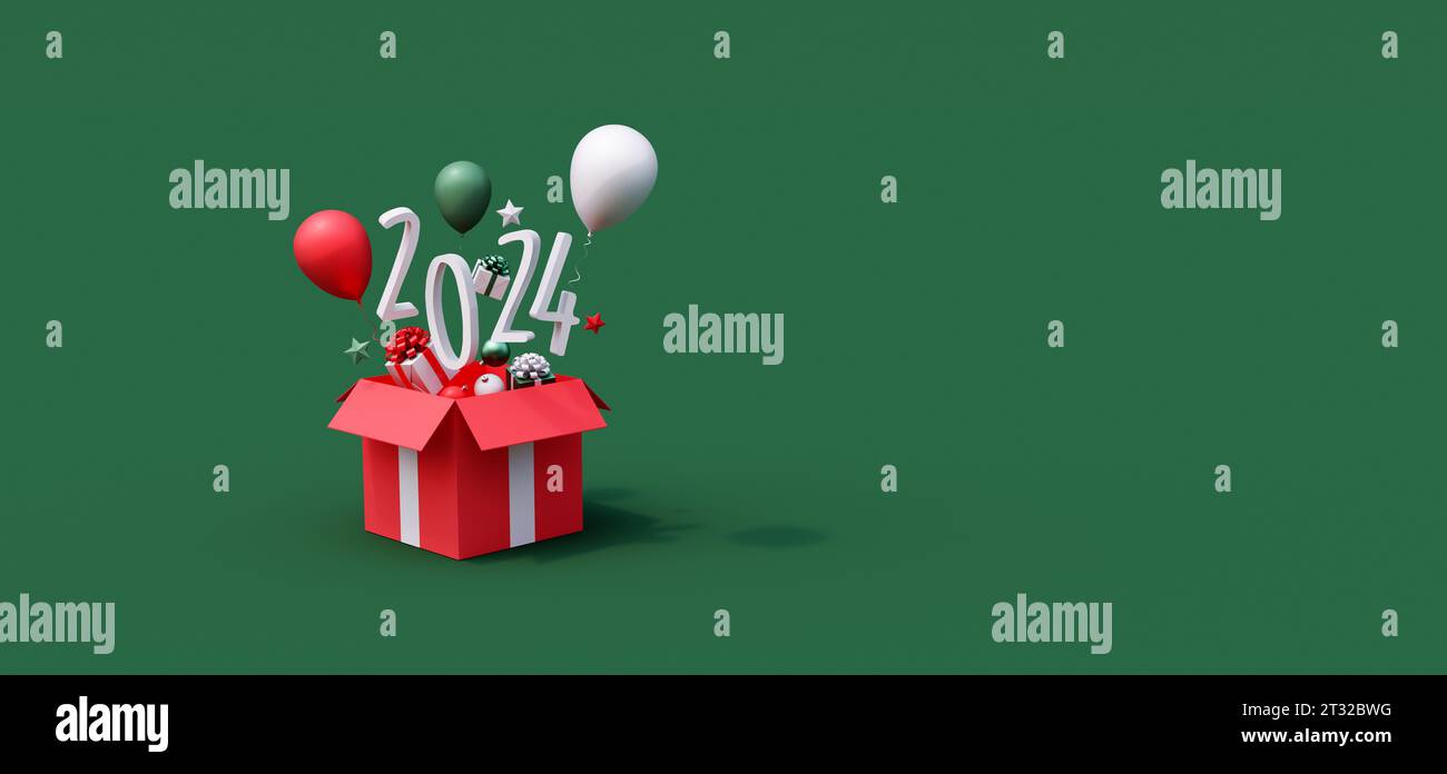 Felice anno nuovo 2024 esce dalla confezione su sfondo verde con spazio di copia rappresentazione 3d illustrazione 3D. Foto Stock