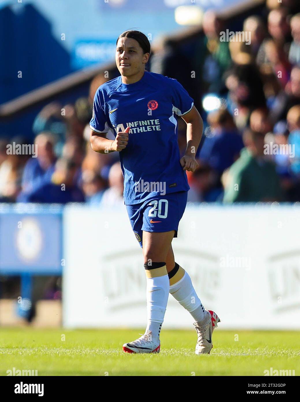 Sam Kerr del Chelsea durante la partita Chelsea FC Women contro Brighton & Hove Albion Women FC WSL a Kingsmeadow, Wheatsheaf Park, Londra, Regno Unito il 22 ottobre 2023 credito: Every Second Media/Alamy Live News Foto Stock