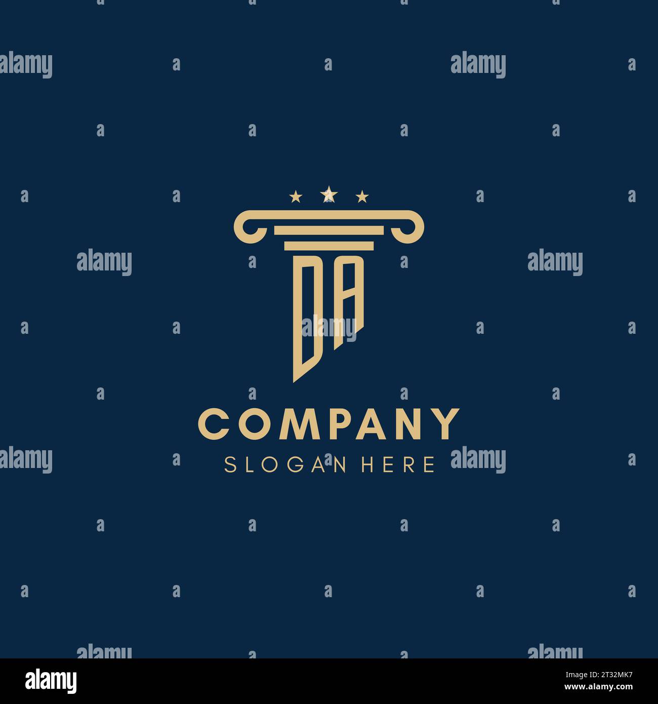 Logo iniziale DA monogramma con colonna e stelle, ispirazione per il design dello studio legale Illustrazione Vettoriale