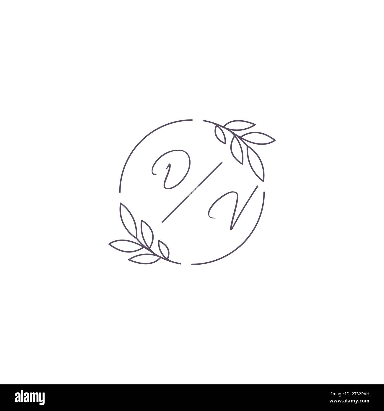 Logo nozze monogramma DV con contorno semplice a foglia e grafica vettoriale a cerchio Illustrazione Vettoriale