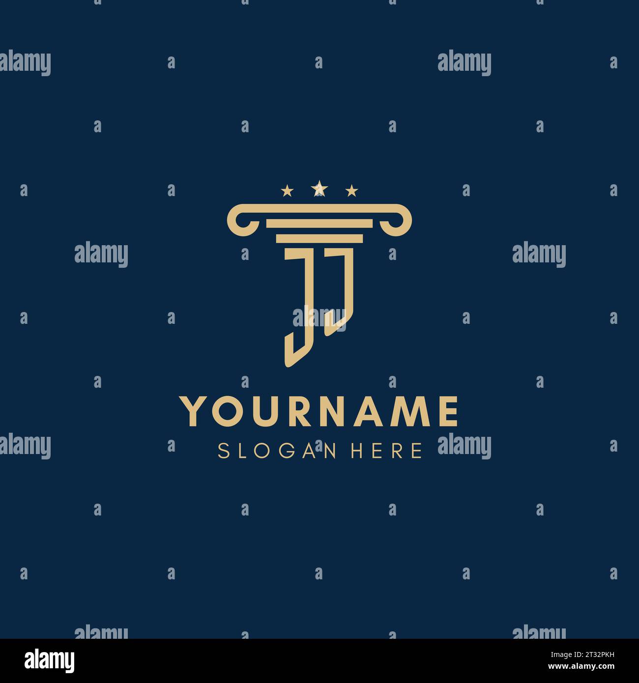 Logo iniziale del monogramma JJ con colonna e stelle, ispirazione per il design dello studio legale Illustrazione Vettoriale