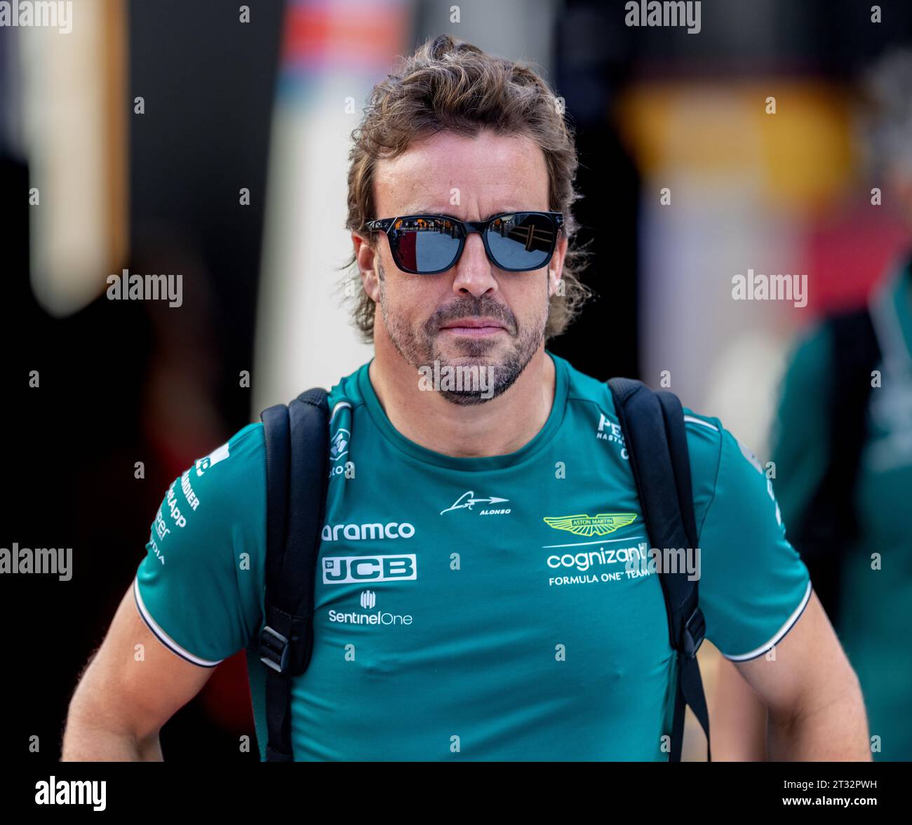 Austin, Texas - 22 ottobre 2023: Fernando Alonso, pilota della 14 Aston Martin Aramco Cognizant F1, in gara nel Gran Premio degli Stati Uniti di Lenovo sul circuito delle Americhe. Crediti: Nick Paruch / Alamy Live News Foto Stock
