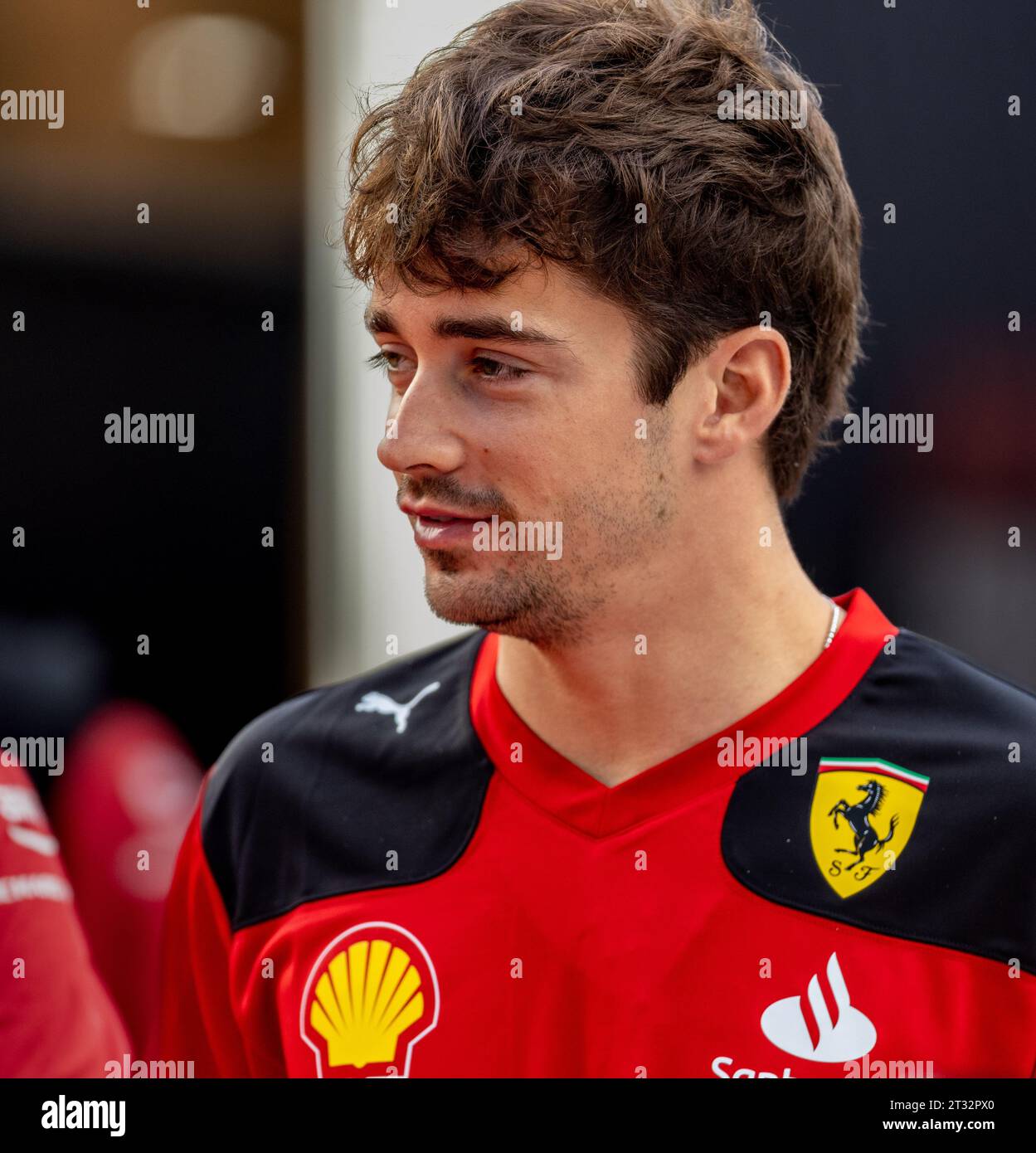 Austin, Texas - 22 ottobre 2023: Charles Leclerc pilota della scuderia n. 16 Ferrari F1, in gara nel Gran Premio degli Stati Uniti di Lenovo sul circuito delle Americhe. Crediti: Nick Paruch / Alamy Live News Foto Stock