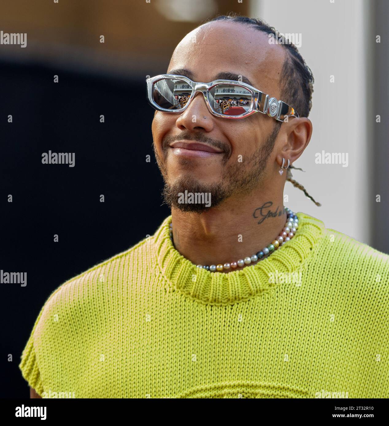Austin, Texas - 22 ottobre 2023: Lewis Hamilton, pilota della Mercedes AMG Petronas n. 44, gareggia nel Gran Premio degli Stati Uniti di Lenovo sul circuito delle Americhe. Crediti: Nick Paruch / Alamy Live News Foto Stock