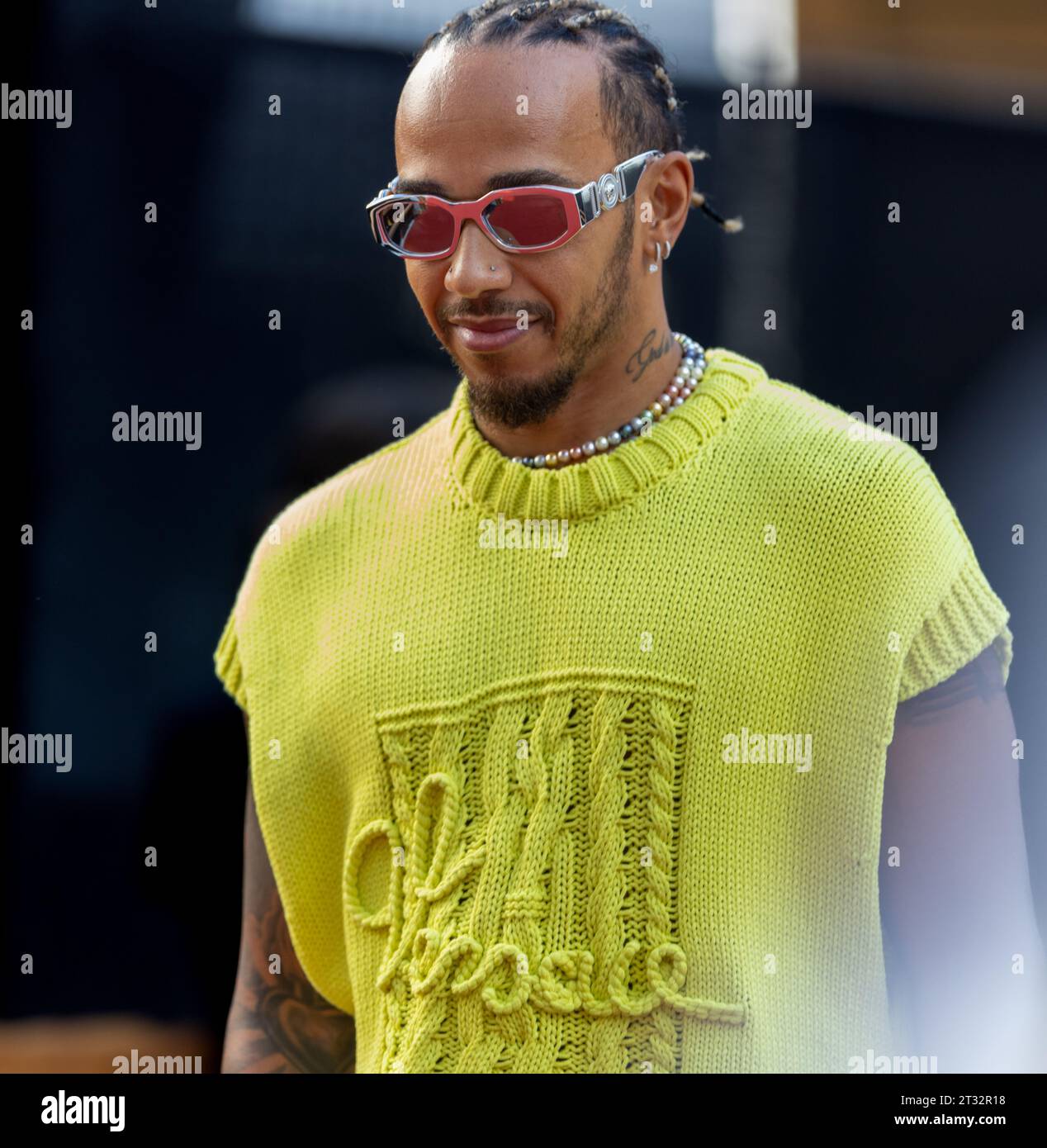 Austin, Texas - 22 ottobre 2023: Lewis Hamilton, pilota della Mercedes AMG Petronas n. 44, gareggia nel Gran Premio degli Stati Uniti di Lenovo sul circuito delle Americhe. Crediti: Nick Paruch / Alamy Live News Foto Stock