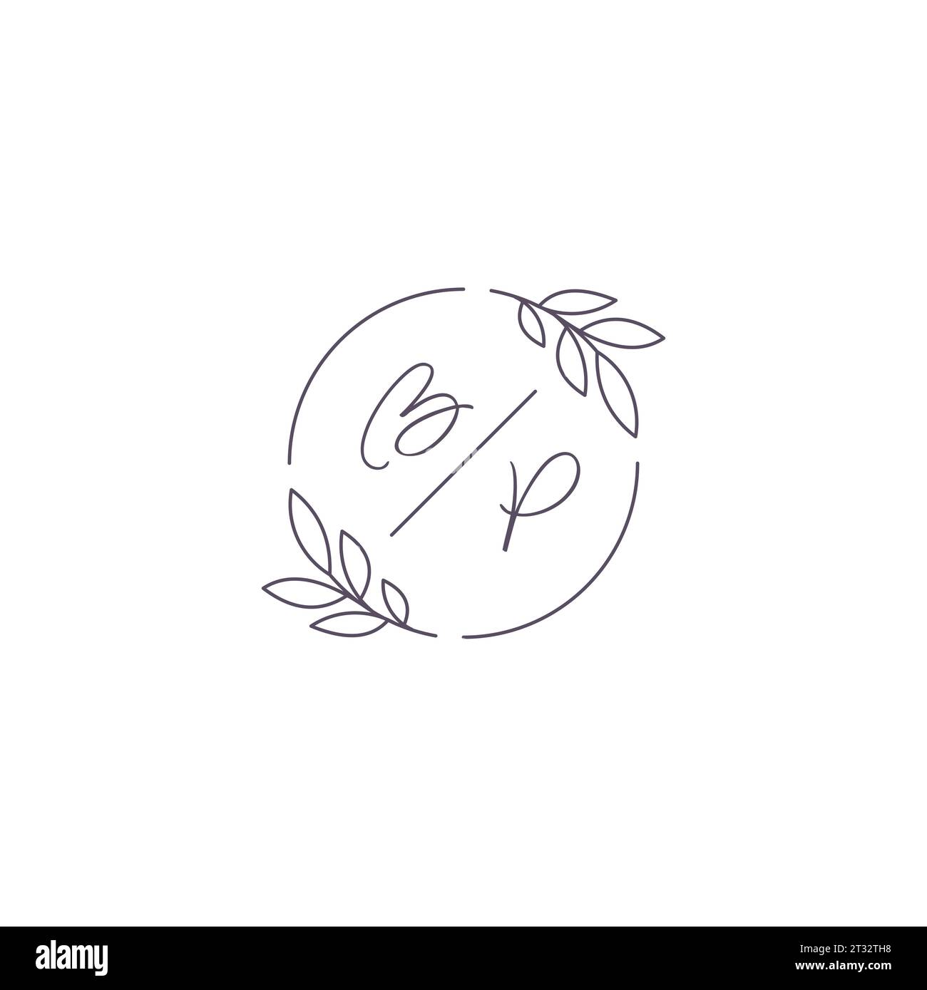 Logo nozze monogramma BP con contorno semplice a foglia e grafica vettoriale a cerchio Illustrazione Vettoriale
