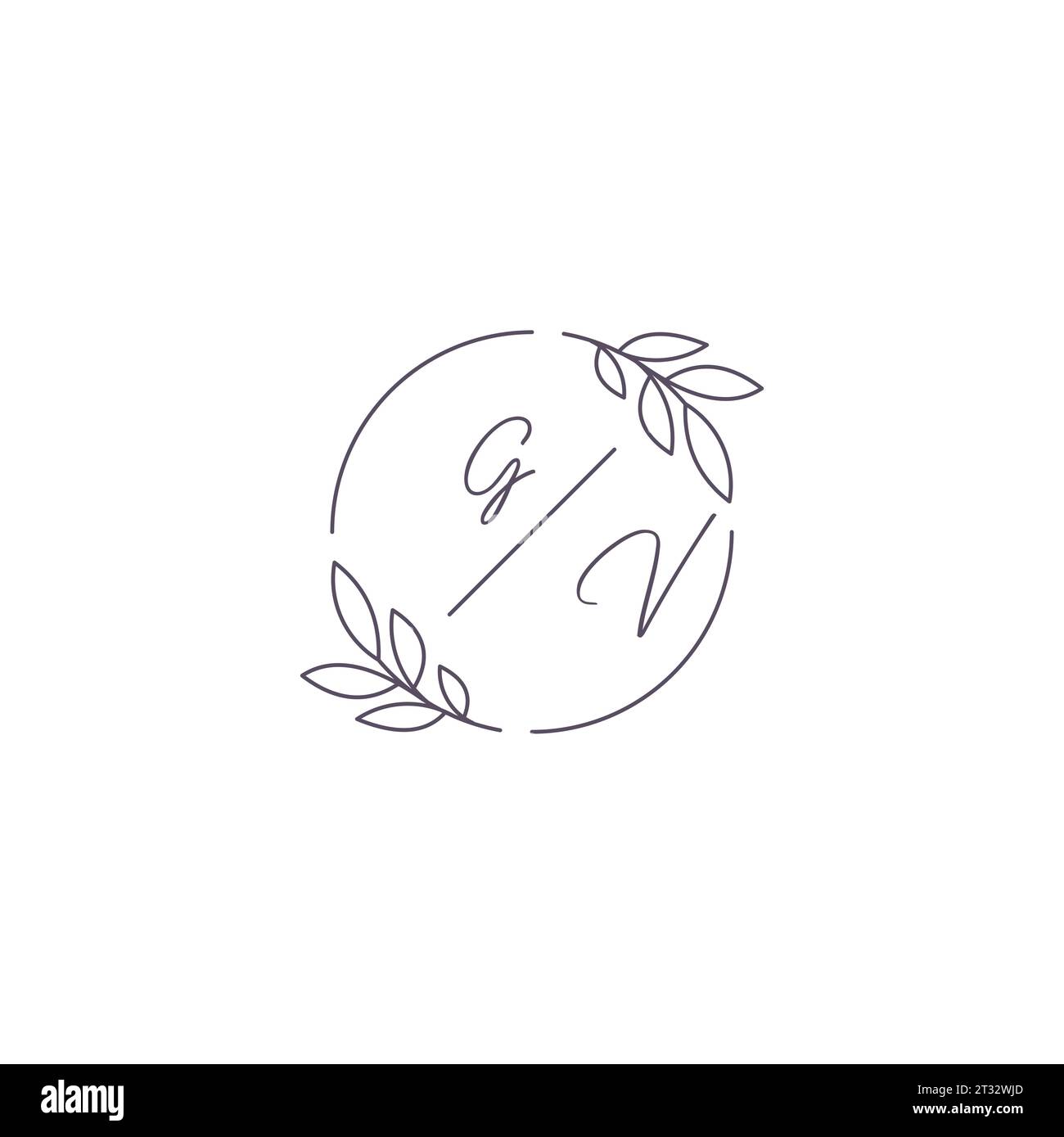Logo nozze monogramma GV con contorno semplice a foglia e grafica vettoriale a cerchio Illustrazione Vettoriale