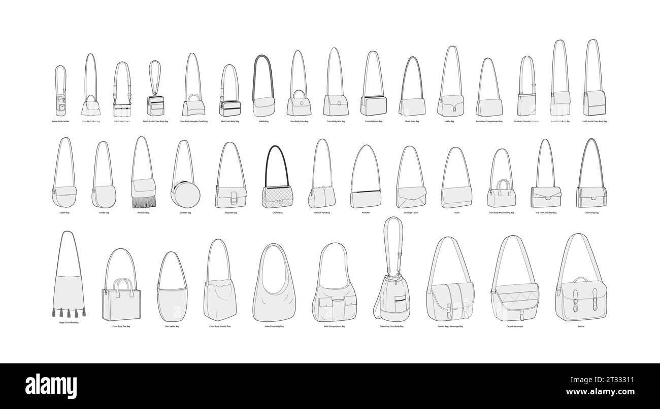 Set di borse a croce silhouette. Illustrazione tecnica degli accessori moda. Borsa a mano vettoriale frontale vista a 3-4° per uomo, donna, unisex, borsetta piatta con disegno CAD isolato Illustrazione Vettoriale