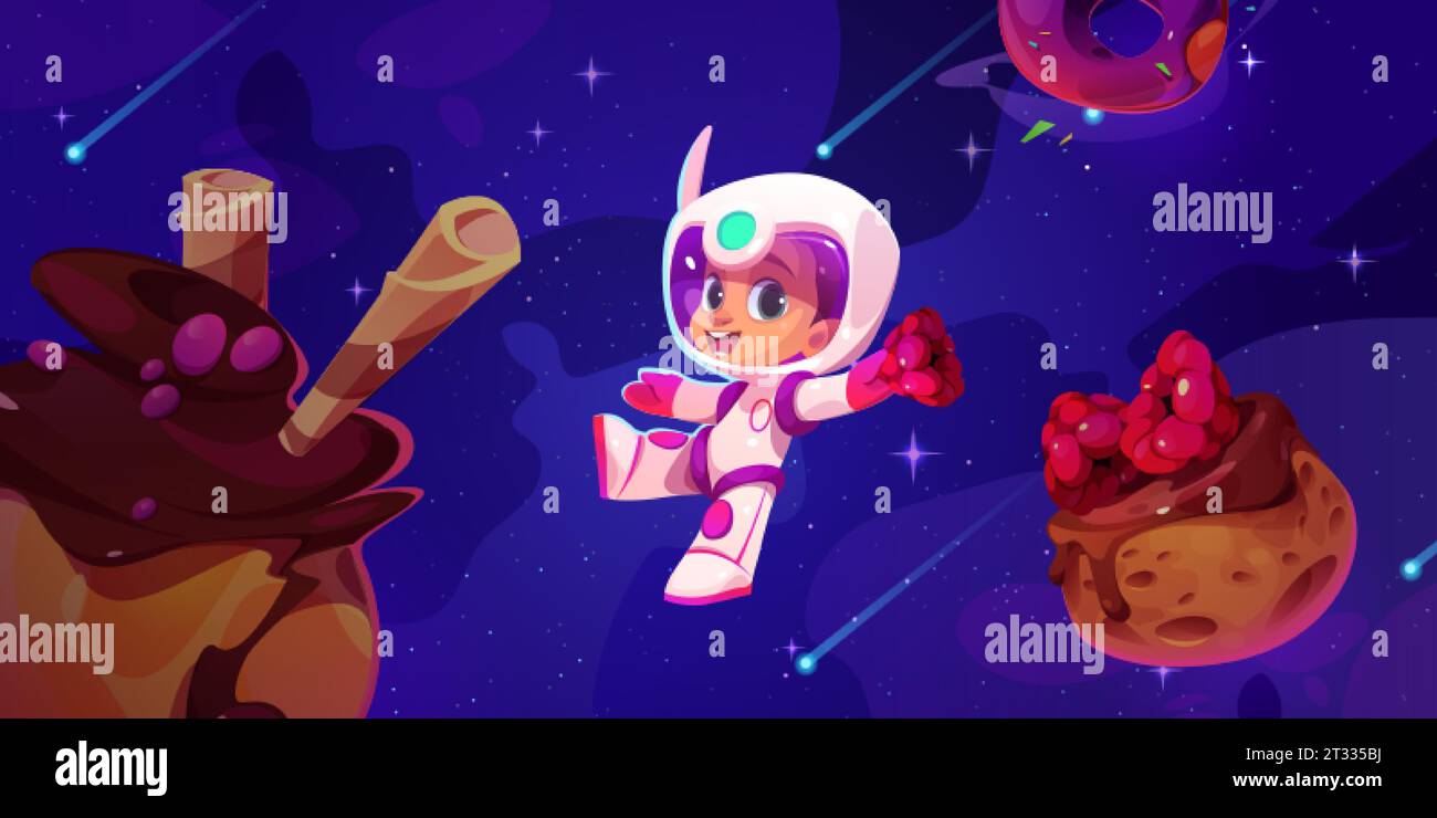Simpatico astronauta che vola in uno spazio fantastico con pianeti dolci al forno e lampone. Vettore di cartoni animati felice sorridente bambino cosmonauta in Illustrazione Vettoriale
