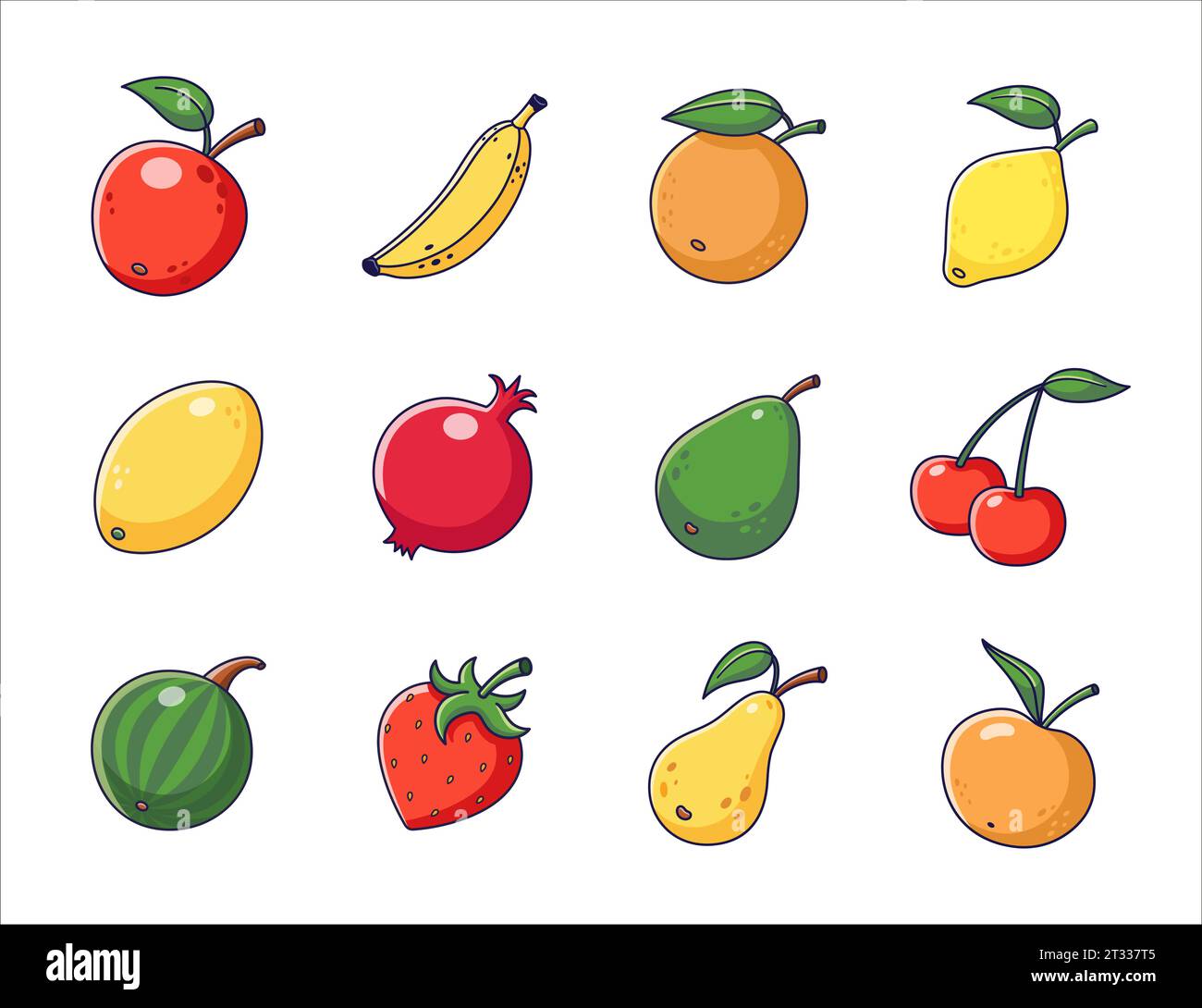 Frutta carina in stile cartone animato. Raccolta di frutta. Icone di frutta, adesivi, mascotte. Illustrazione vettoriale isolata su sfondo bianco. Illustrazione Vettoriale
