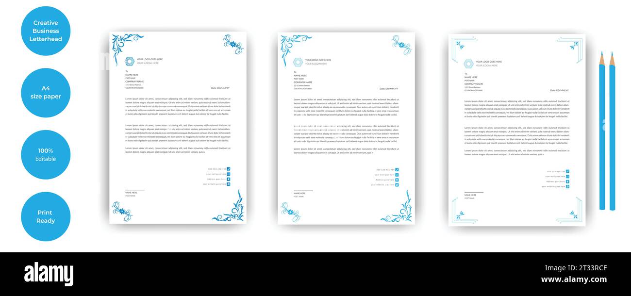 Carta intestata azienda creativa aziendale minimale pulito design unico del modello. Progetto stazionario con design blu colorato. Carta intestata multiuso. Illustrazione Vettoriale