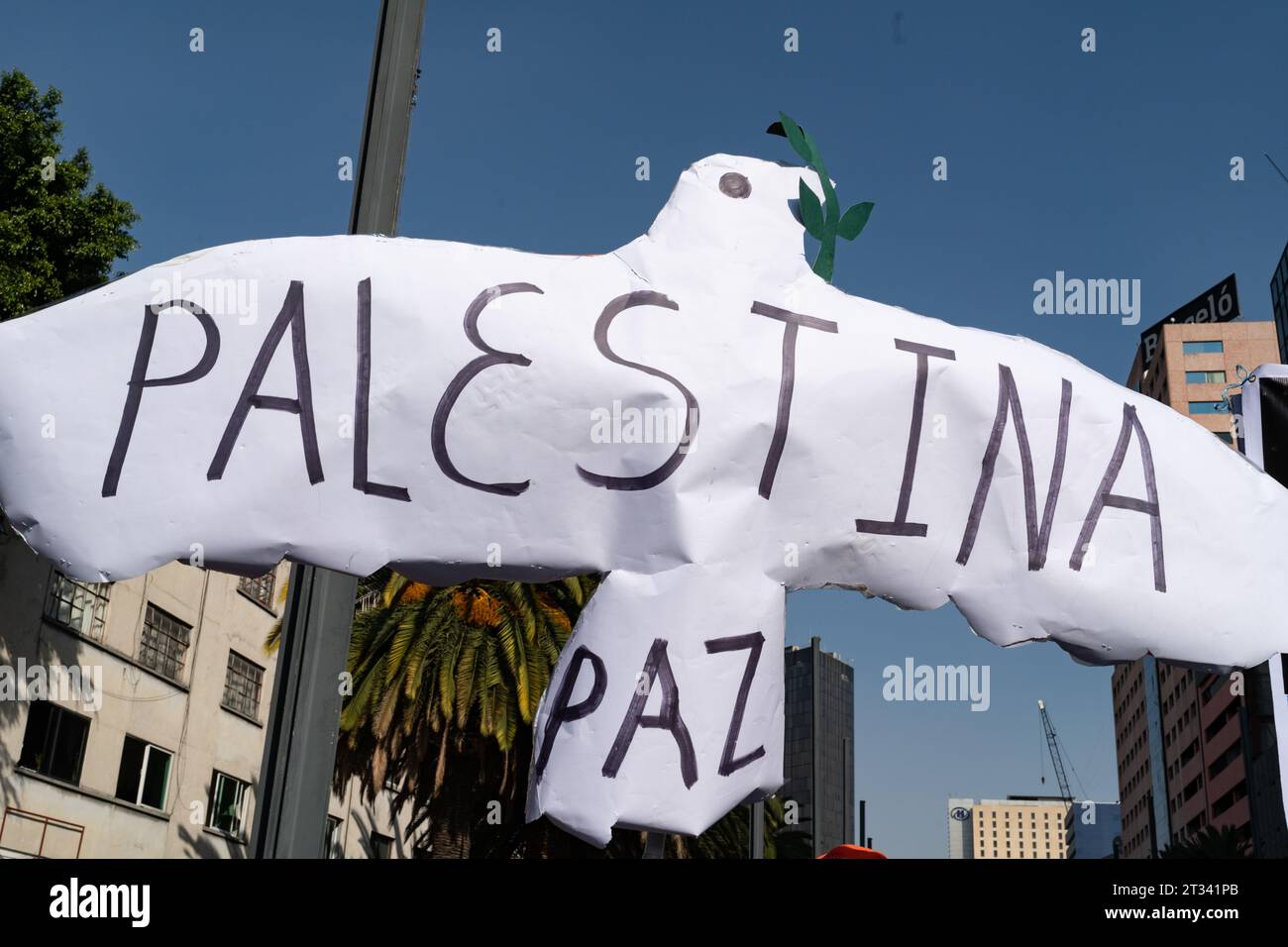 marcia pro-Palestina, città del Messico, Messico. 22 ottobre 2023. Una colomba di carta si libra sopra la folla dicendo "Pace in Palestina”. Migliaia di persone protestano a città del Messico, mentre cantano ripetutamente ÕItÕs non una guerra. ItÕs genocidio». Molte persone sventolavano bandiere palestinesi, altre indossavano un keffiyeh in solidarietà con il popolo palestinese. Vari gruppi formarono parte della marcia tra cui il Partito Comunista messicano, attivisti pro-aborto e gruppi LGBTQ. Crediti: Lexie Harrison-Cripps/Alamy Live News Foto Stock