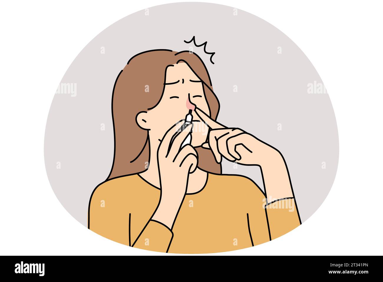 Donna malsana soffre di rinite mettere gocce mediche nel naso. Malessere femmina con naso che cola prendere farmaci. Illustrazione vettoriale. Illustrazione Vettoriale