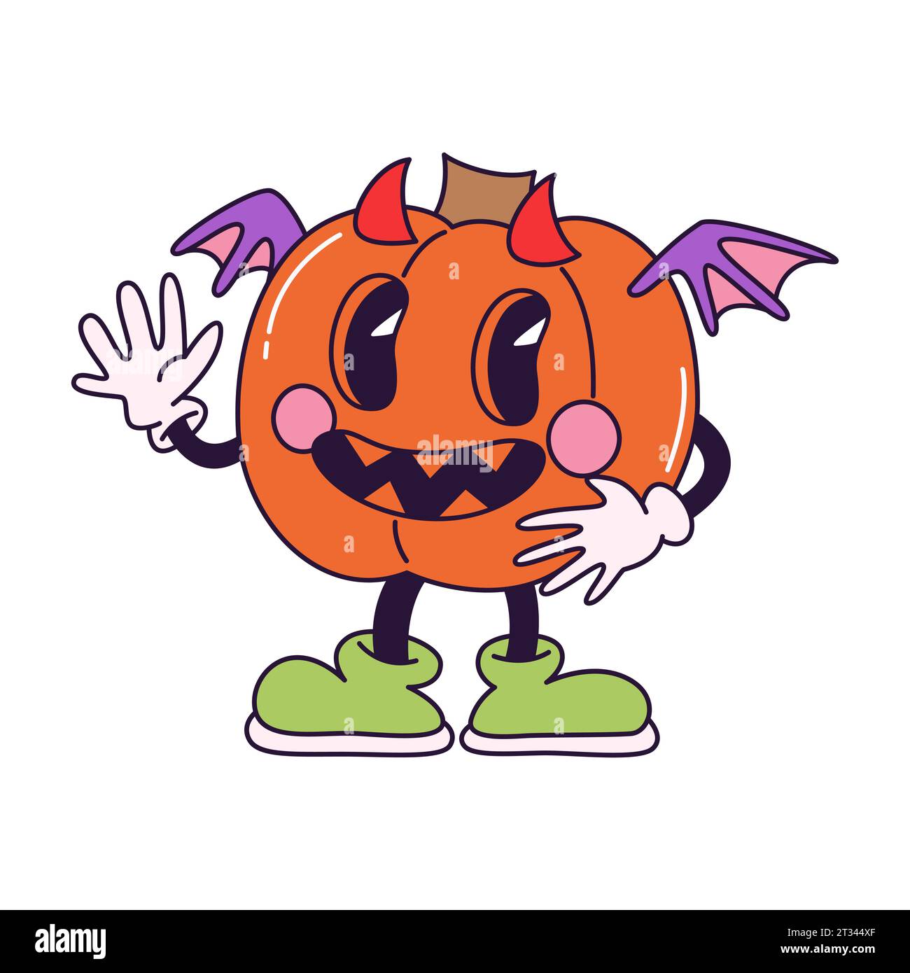 Divertente personaggio cartoni animati retrò Pumpkin in stile vintage anni '70 con costume da pipistrello. Buon Halloween. Illustrazione vettoriale del contorno isolata su bac bianco Illustrazione Vettoriale