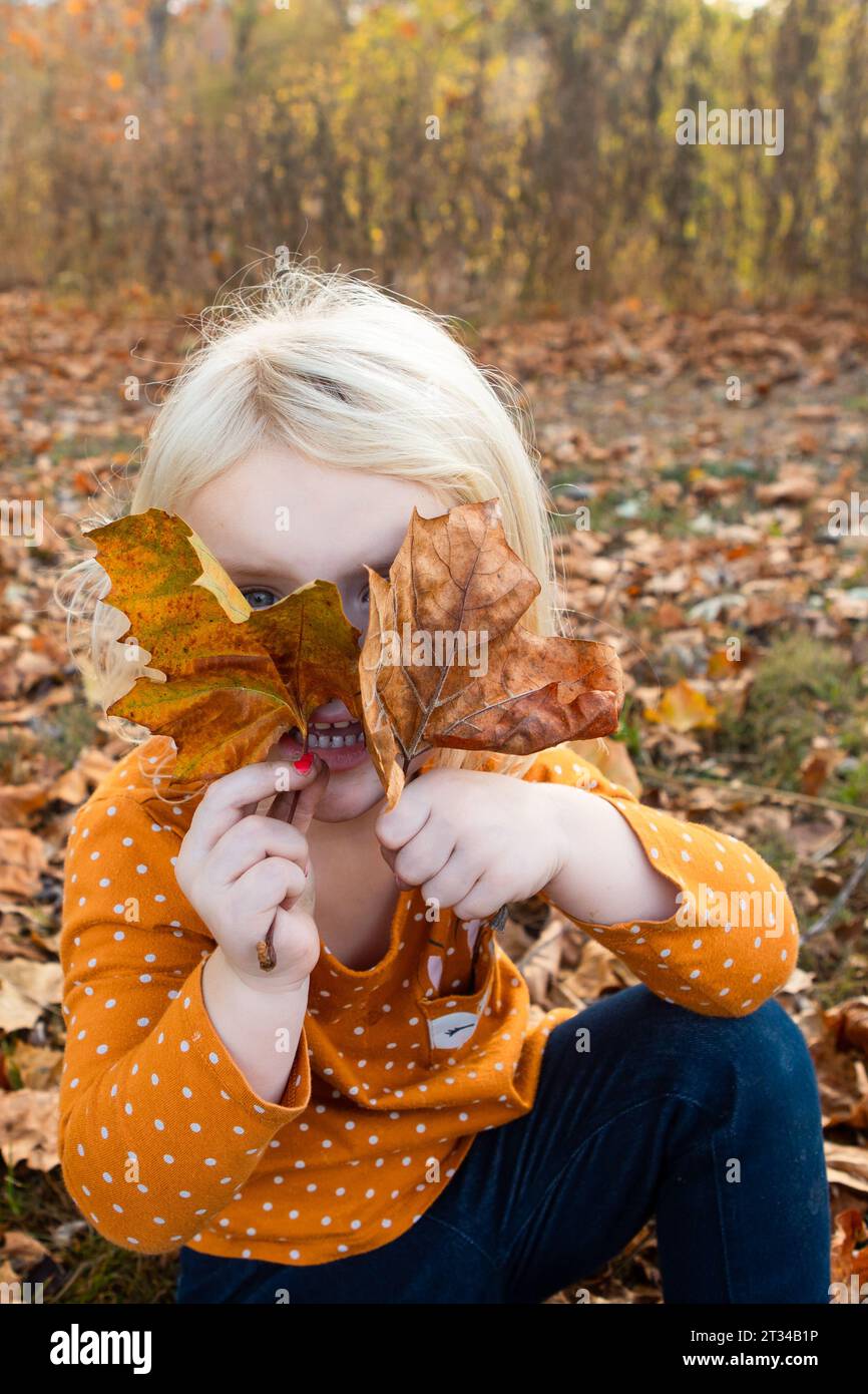 Il bambino che tiene in mano l'autunno lascia le foglie per nascondere giocosamente il viso Foto Stock