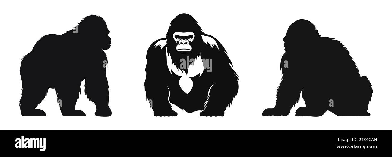 Imposta il logo gorilla. Icona della silhouette nera scimpanzé isolata Illustrazione Vettoriale