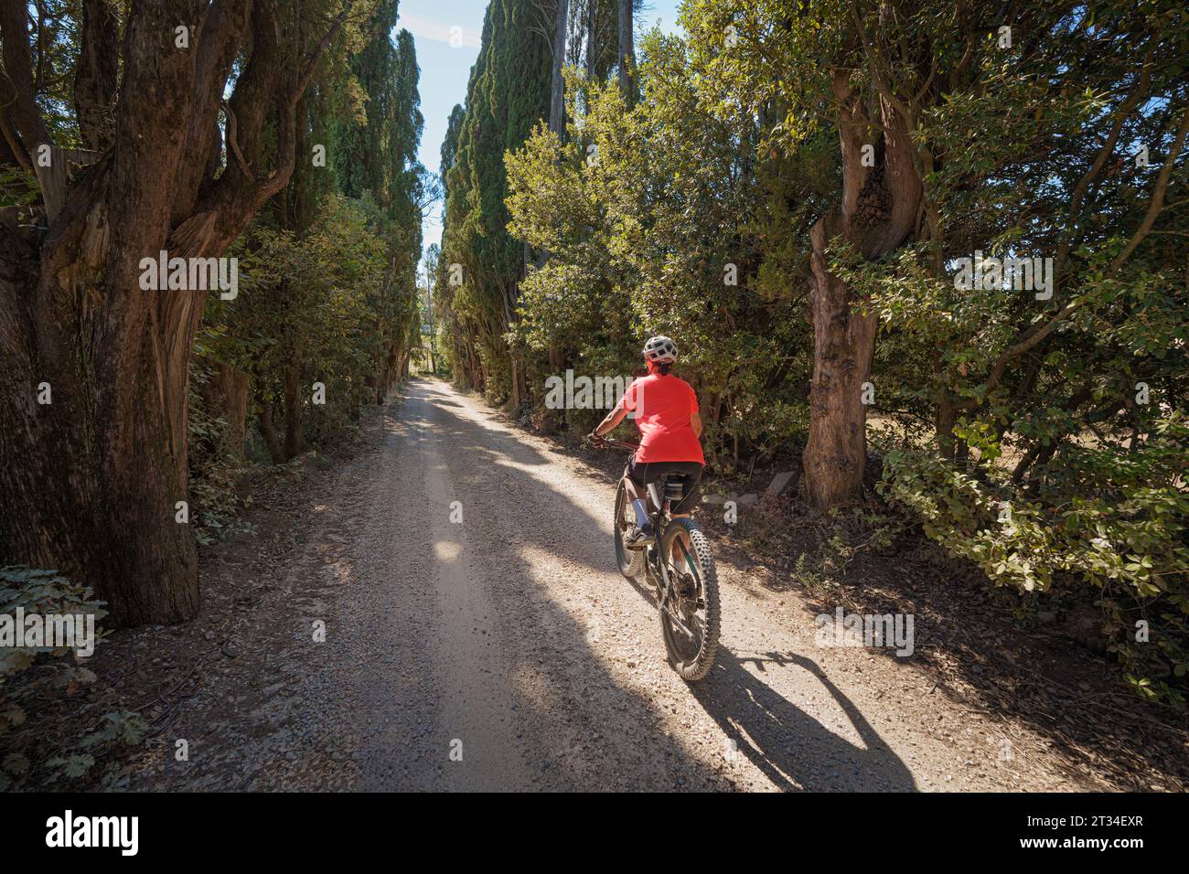 Una donna anziana che cavalca la sua mountain bike elettrica sulla famosa strada di ghiaia bianca di Eroica vicino a Gaiole, nella zona Ghianti della Toscana, Italia Foto Stock