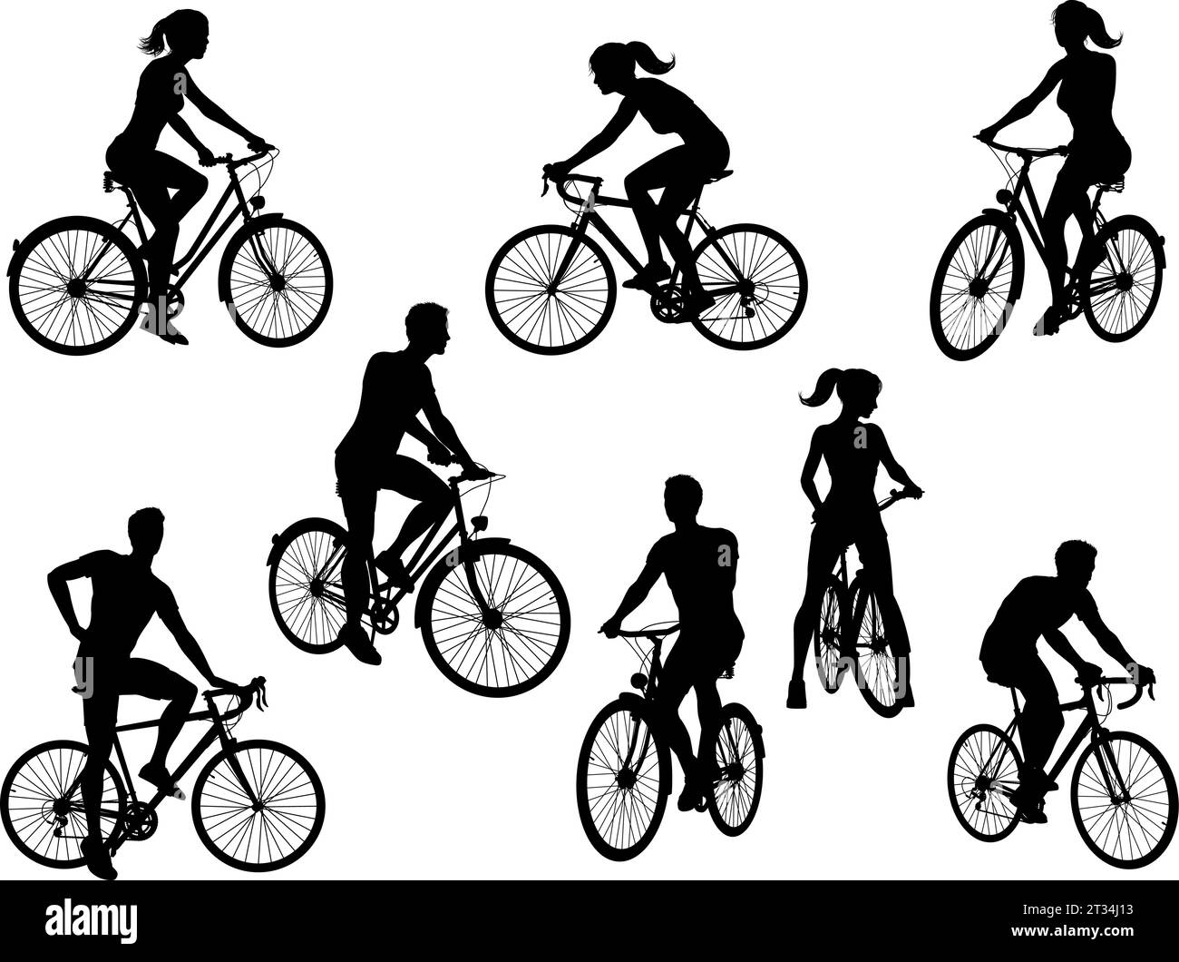 Andare in bicicletta bici ciclisti sagome impostato Illustrazione Vettoriale