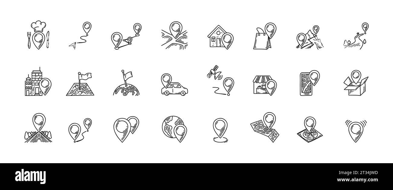 Set di icone perni di posizionamento. Doodle sketch Restaurant, casa, negozio, ufficio, posta, mercato, percorso escursionistico, servizio auto, luogo di consegna della pizza Illustrazione Vettoriale