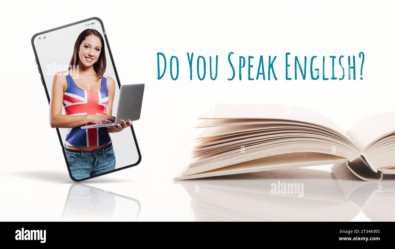 App per imparare l'inglese, studenti felici su smartphone e libri di testo aperti, imparare le lingue online concept Foto Stock