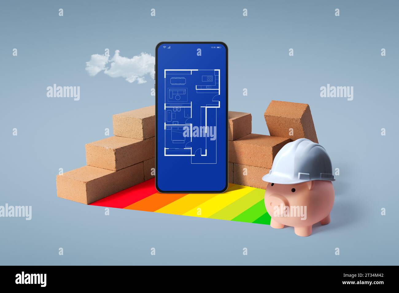Progetto domestico a basso consumo energetico con budget limitato: Progetto domestico sullo schermo dello smartphone, mattoni e salvadanaio Foto Stock