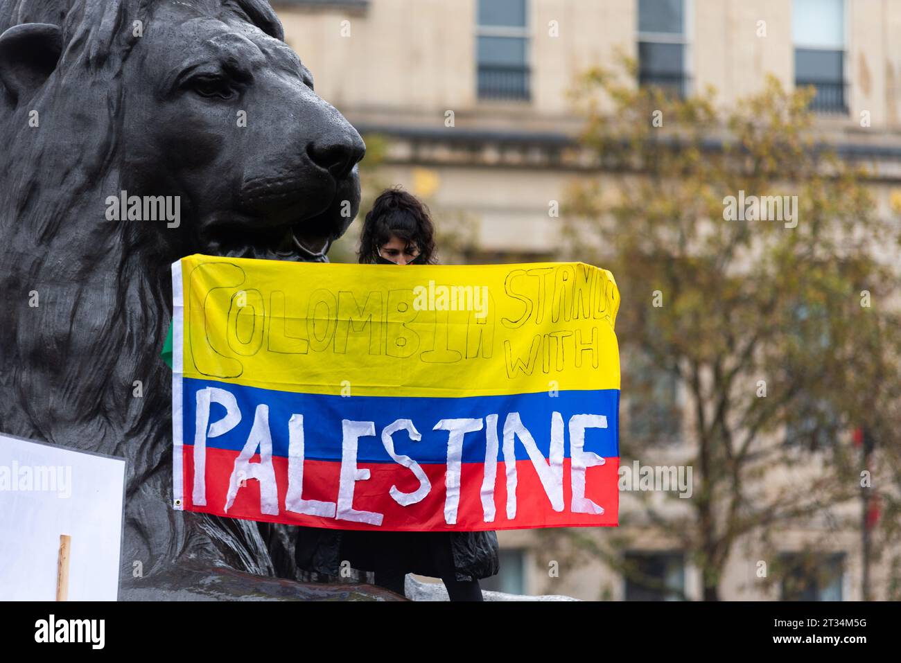 La Colombia si erge con lo striscione della Palestina in una protesta per la Palestina libera a Londra in seguito all'escalation del conflitto in Israele e Gaza Foto Stock