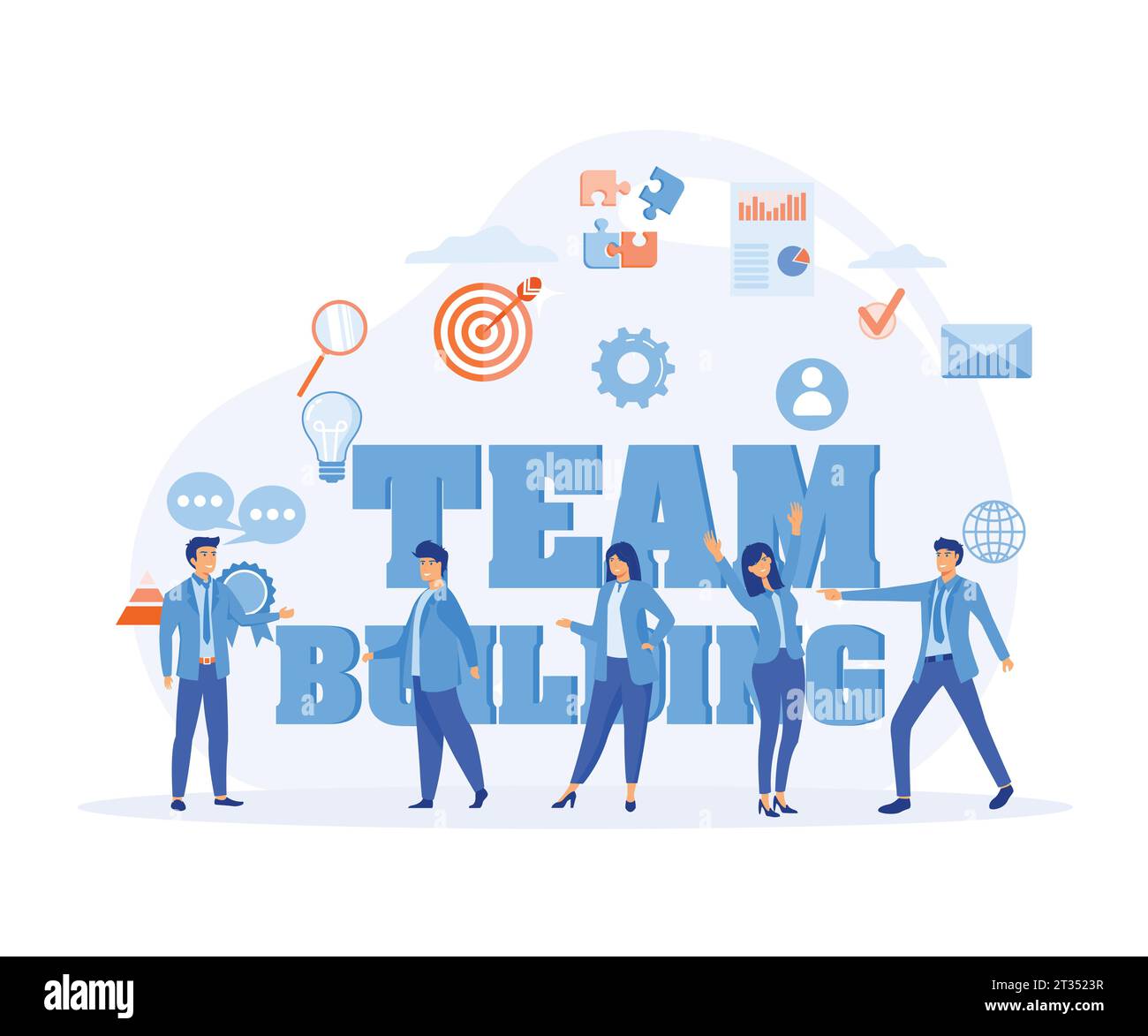 concetto aziendale di team building, persone circondate da grandi parole team building, illustrazione moderna a vettore piatto Illustrazione Vettoriale
