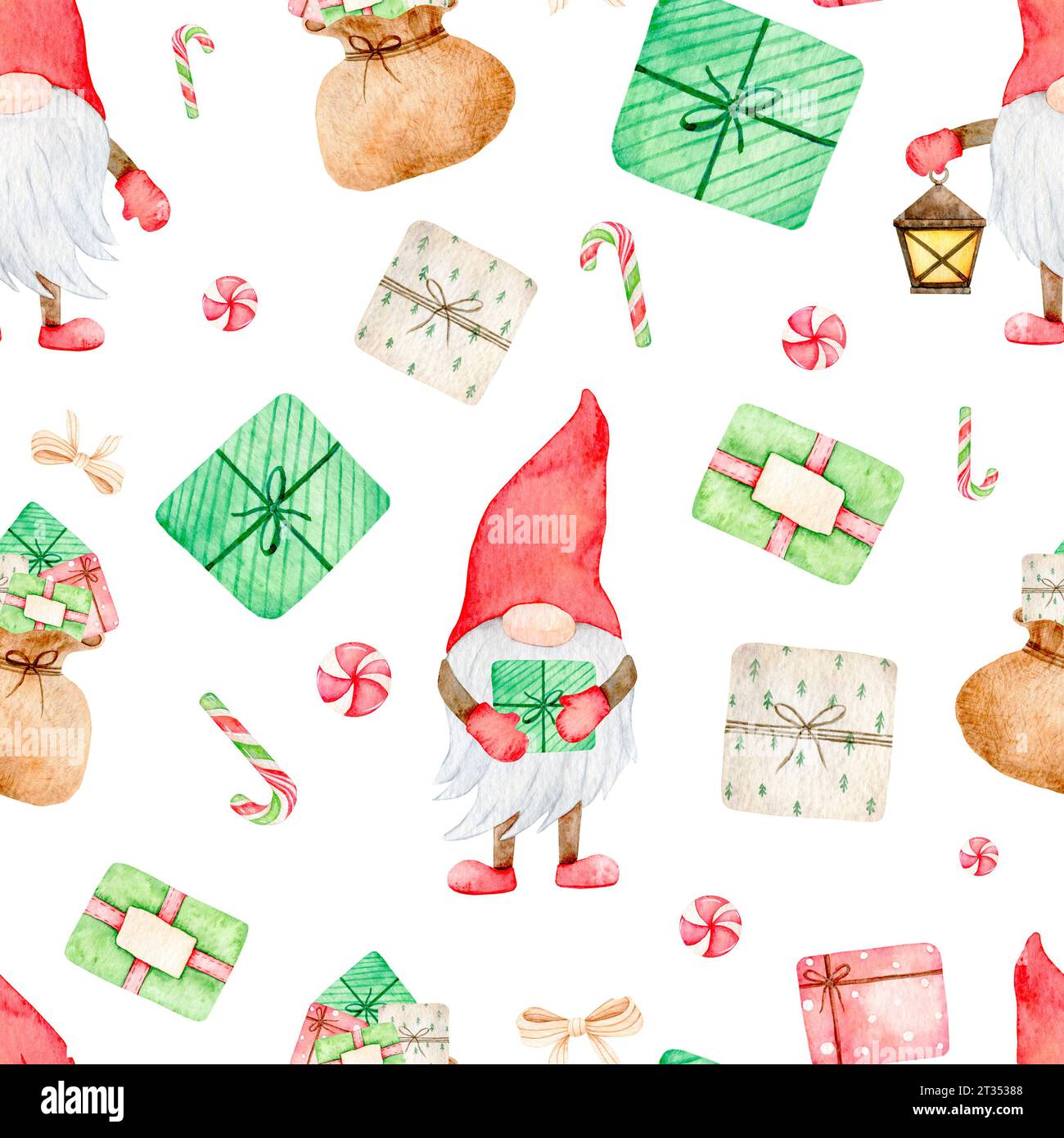 Motivo natalizio senza cuciture con adorabile Gnome, elfo scandinavo con confezione regalo, stampa Capodanno. Illustrazione ad acquerello disegnata a mano per l'avvolgimento della carta Foto Stock